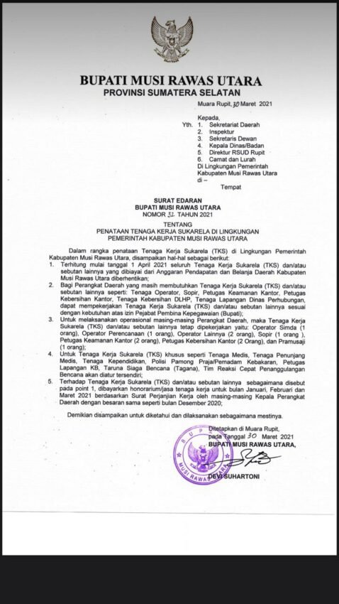 Bupati Muratara Keluarkan Surat Edaran, Terkait Penataan TKS Di Mulai 1 April 2021